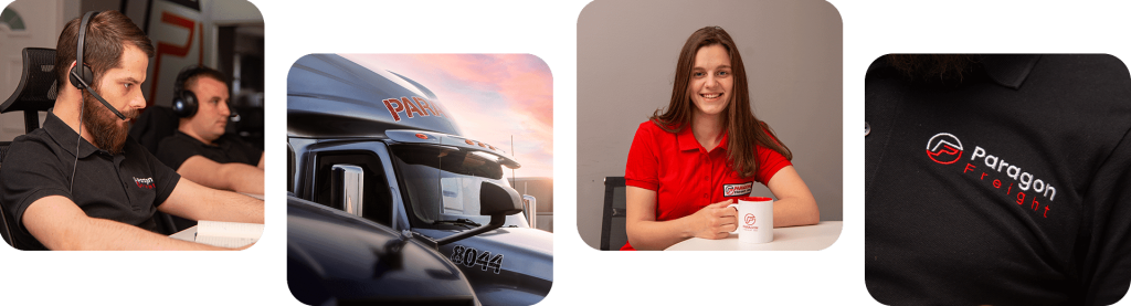 Paragon Freight Inc dispatch team and branded truck — collage showing dispatchers, truck cab, team member with mug, and branded polo